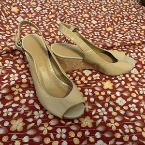 Patent Leather Nude Cork Wedge Slingbacks